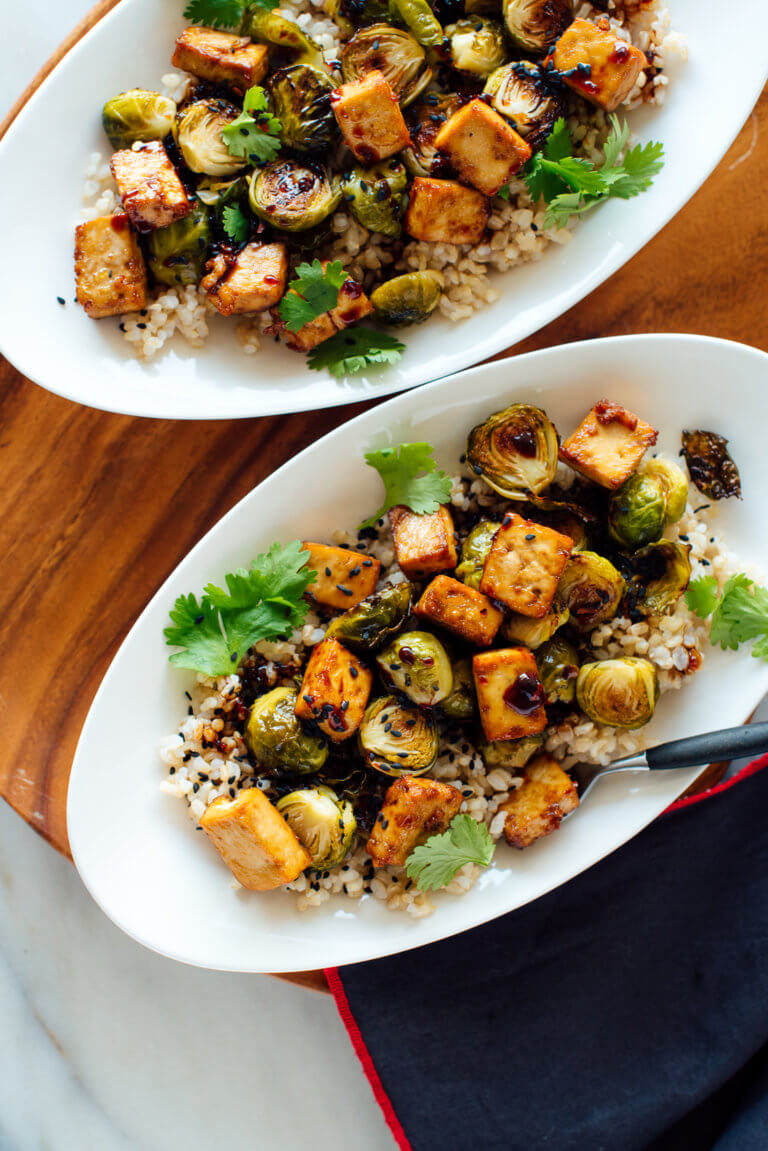 Roasted Brussels Sprouts and Crispy Baked Tofu with Honey-Sesame Glaze